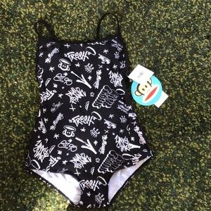 Black with White Graffiti Print One Piece Swimsuit